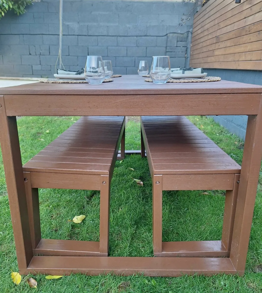 Beautiful Solid Wood Outdoor Table & 2 Benches - Image 2