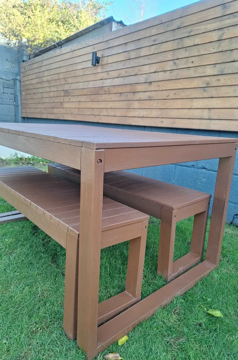 Beautiful Solid Wood Outdoor Table & 2 Benches - Image 3