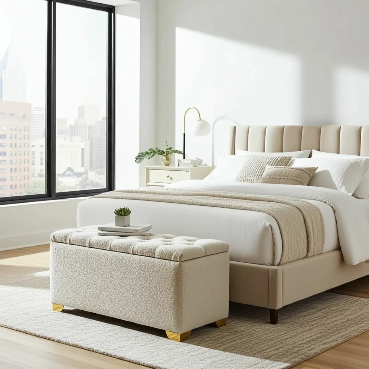 Boucle fabric ottoman with storage BEIGE - Image 4