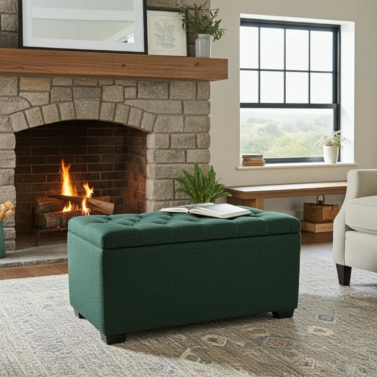 Boucle fabric ottoman storage GREEN - Image 1