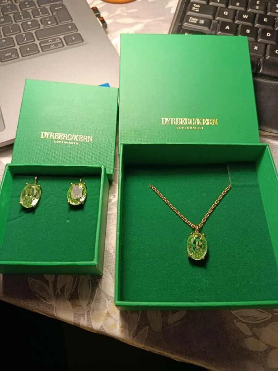 Green peridot colour stone pendant and earrings. Purchased Avoca, never worn. Mase in Denmark.