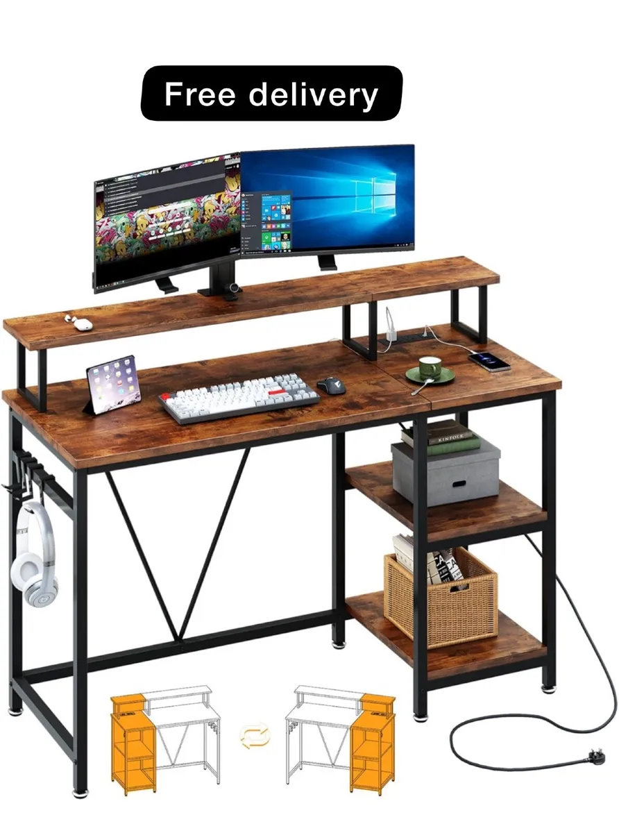 Computer Desk with Power Outlet, 107.5cm Reversibl - Image 1