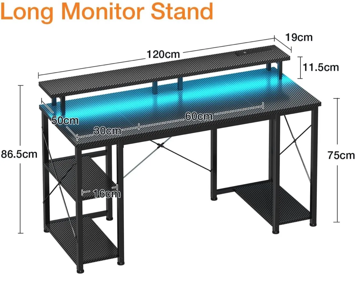Gaming Desk with LED Lights, 120x50 cm - Image 3