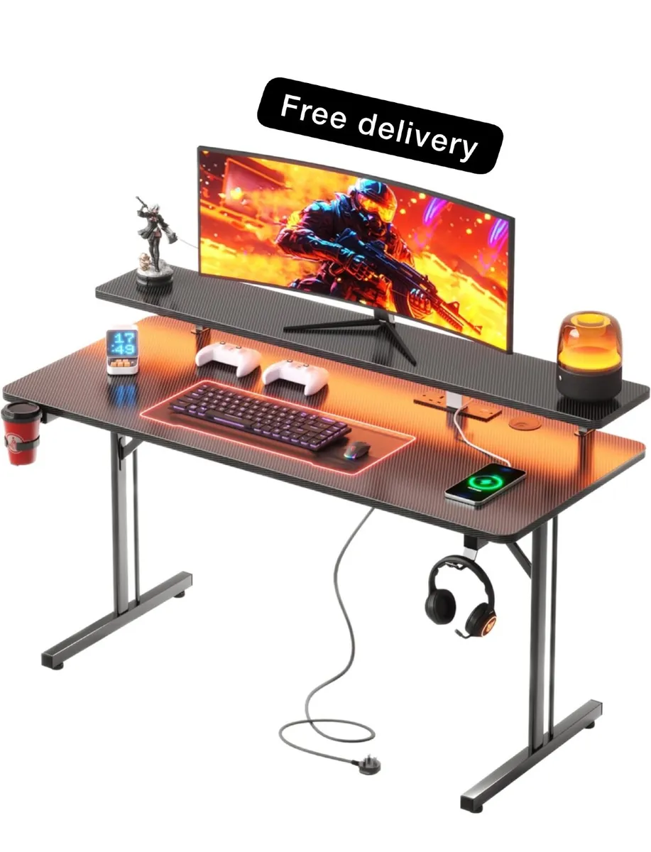 Gaming Desk with LED & Power Outlets, 100 x 50 cm - Image 1