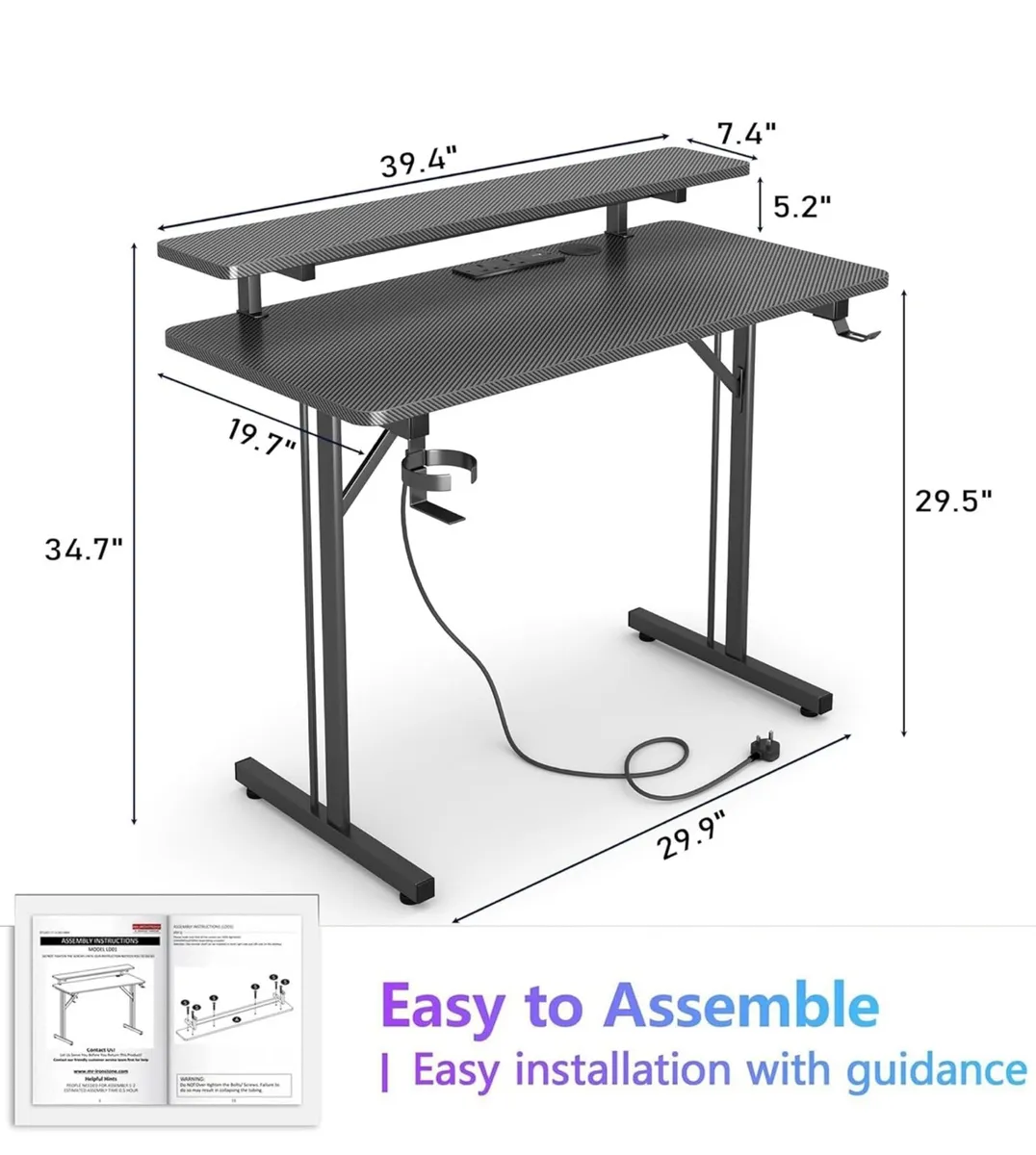 Gaming Desk with LED & Power Outlets, 100 x 50 cm - Image 3