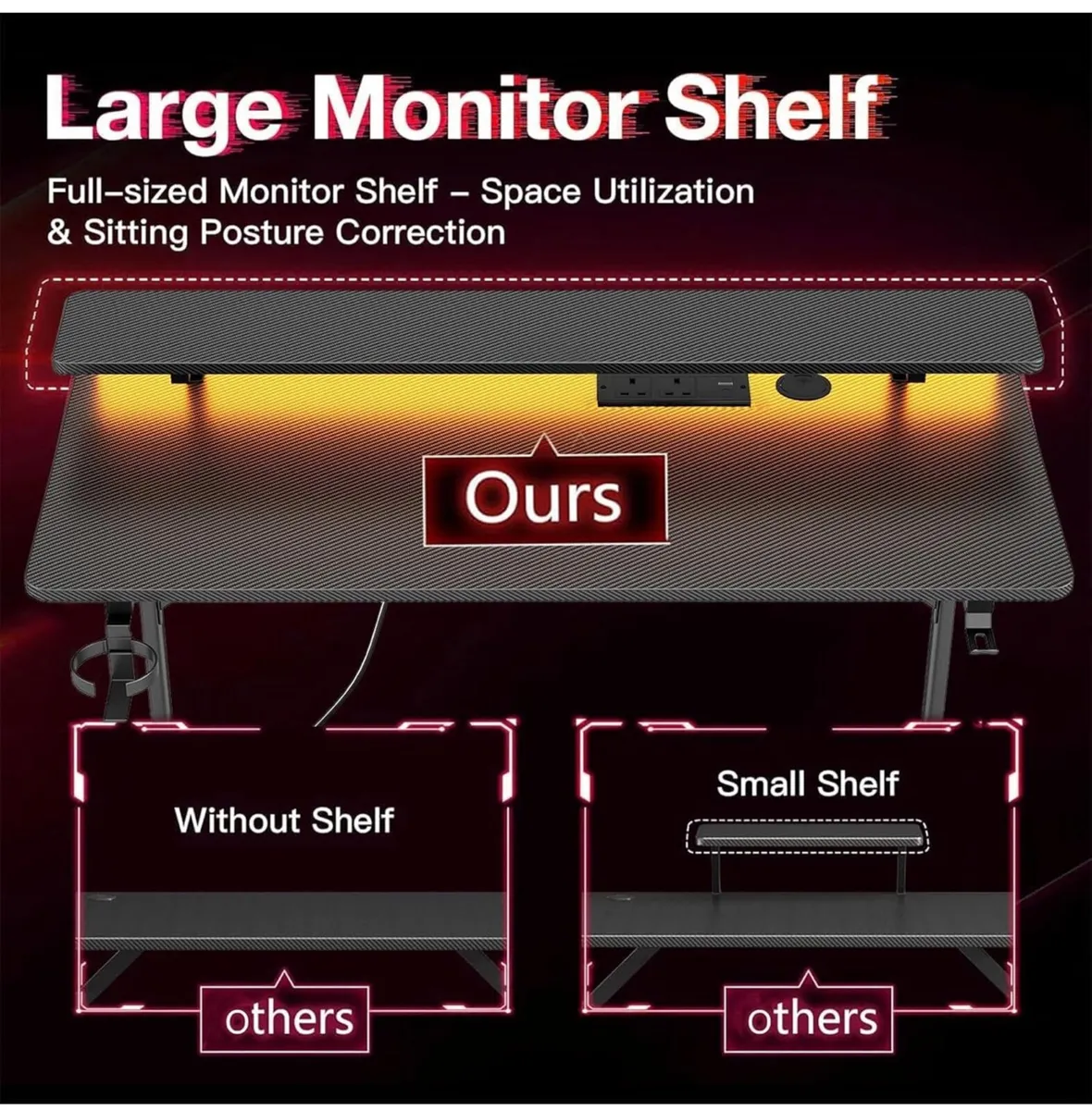 Gaming Desk with LED & Power Outlets, 100 x 50 cm - Image 4