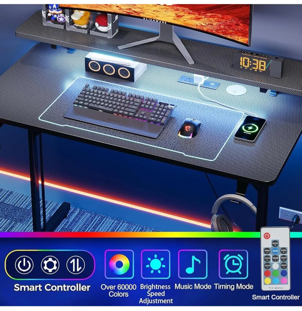 Gaming Desk with LED & Power Outlets, 100 x 50 cm - Image 1