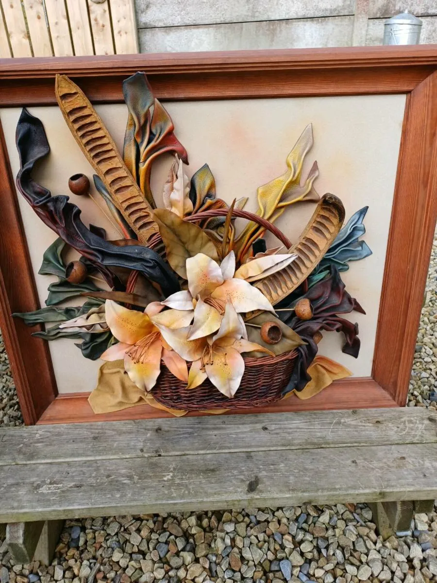 Vintage Leather Floral Artwork Picture - Image 1