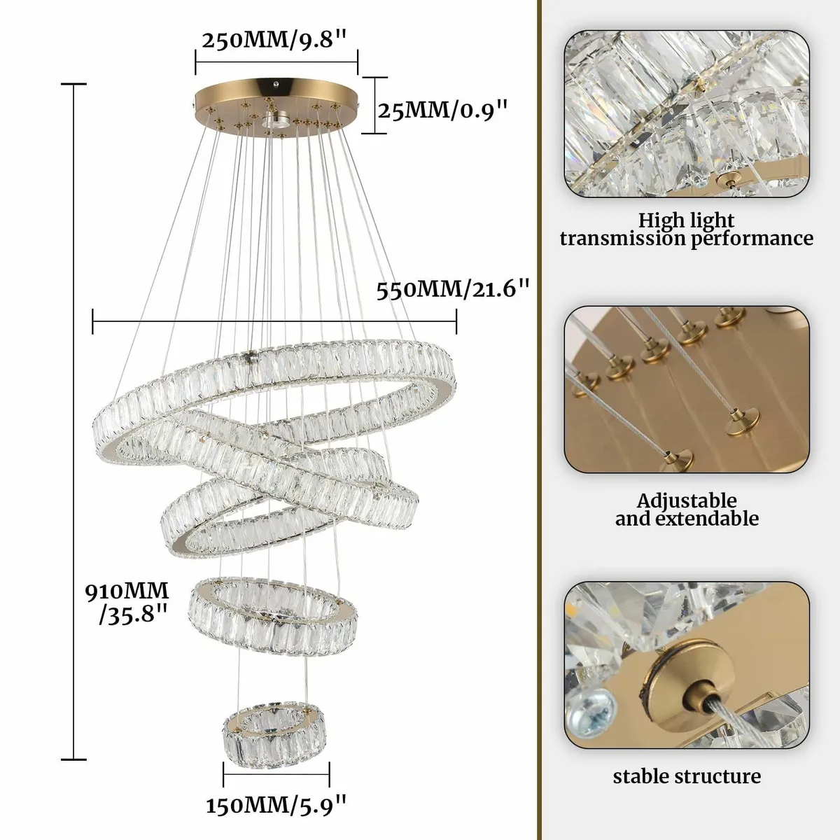 LED Crystal Chandeliers Modern 5 Rings Pendant - Image 4