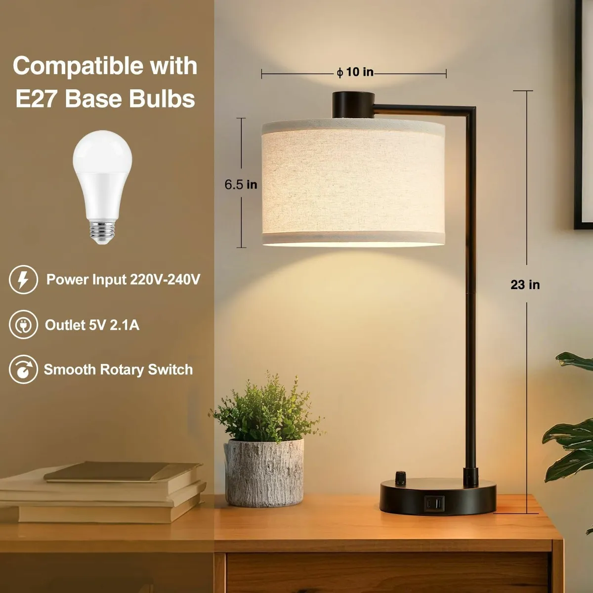 Table Lamp for Bedroom - USB C+A Ports Large - Image 4