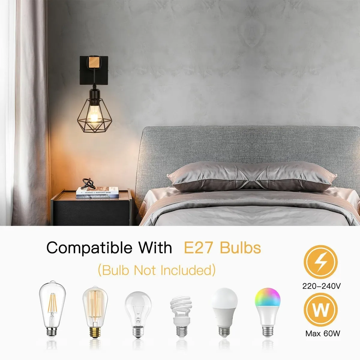 Vintage Wood Wall Lamp 2-Pack Black E27 Sconce - Image 3