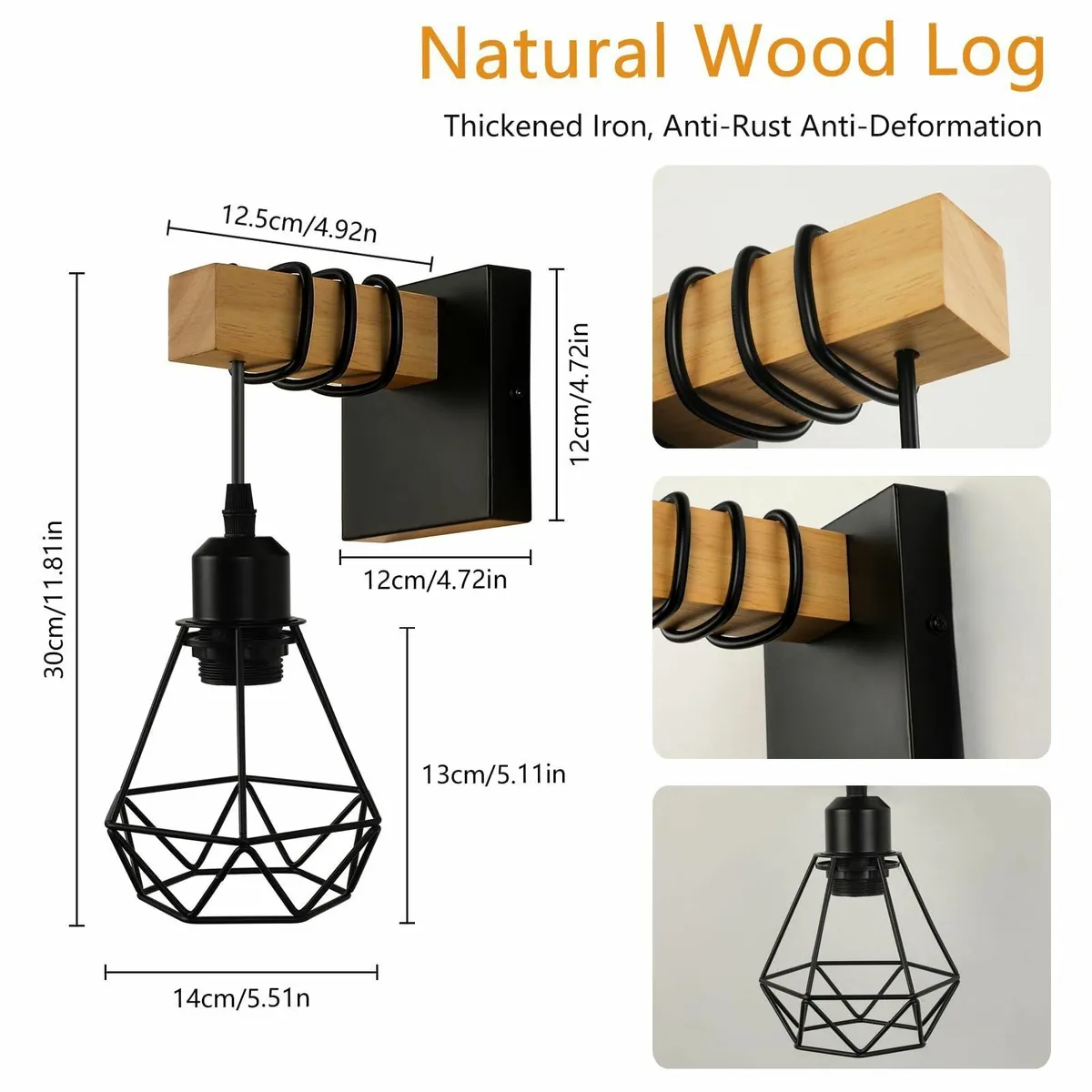 Vintage Wood Wall Lamp 2-Pack Black E27 Sconce - Image 4
