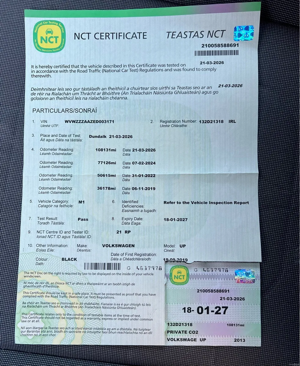 2013 Volkswagen UP! 1.0 Petrol New NCT 1/27 - Image 3