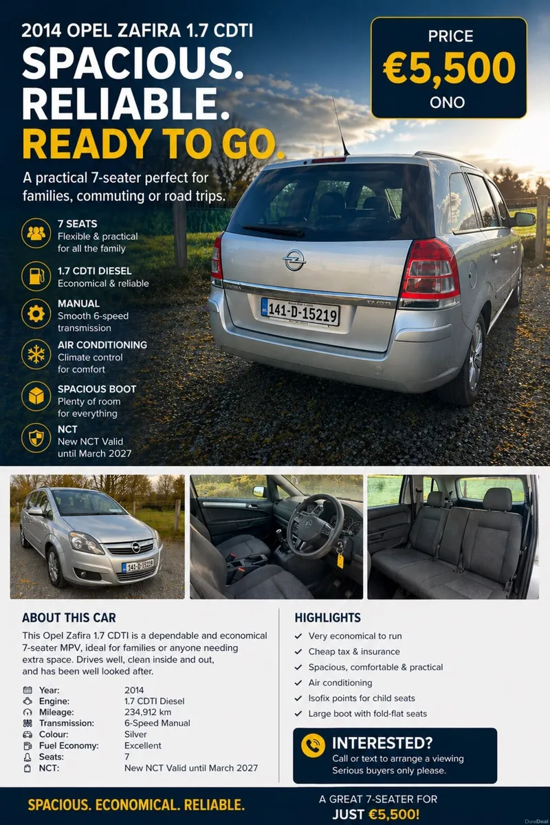 2014 Opel Zafira 1.7 CDTI – 7 Seater – New NCT - Image 1