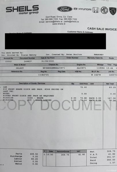 2011 Ford Galaxy 2.0TDI 7 Seat TITANIUM Nct 05/26 380441133