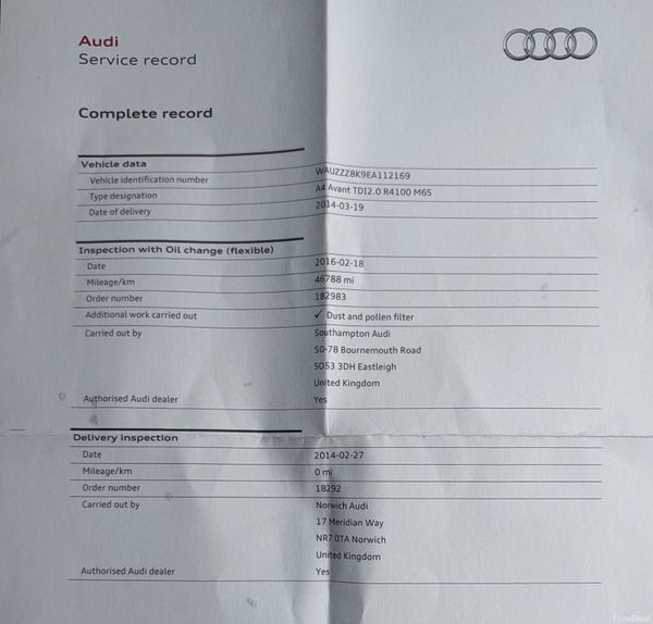 2014 Audi A4 2.0 TDI SE Estate Nct 03/27 Tax 07/27 400727811
