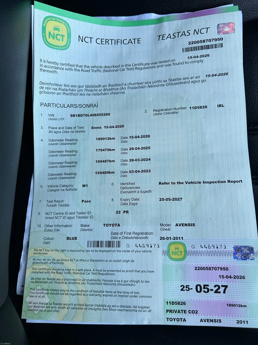‘11 Avensis D4D, 186kms, Nct 5/27 - Image 2
