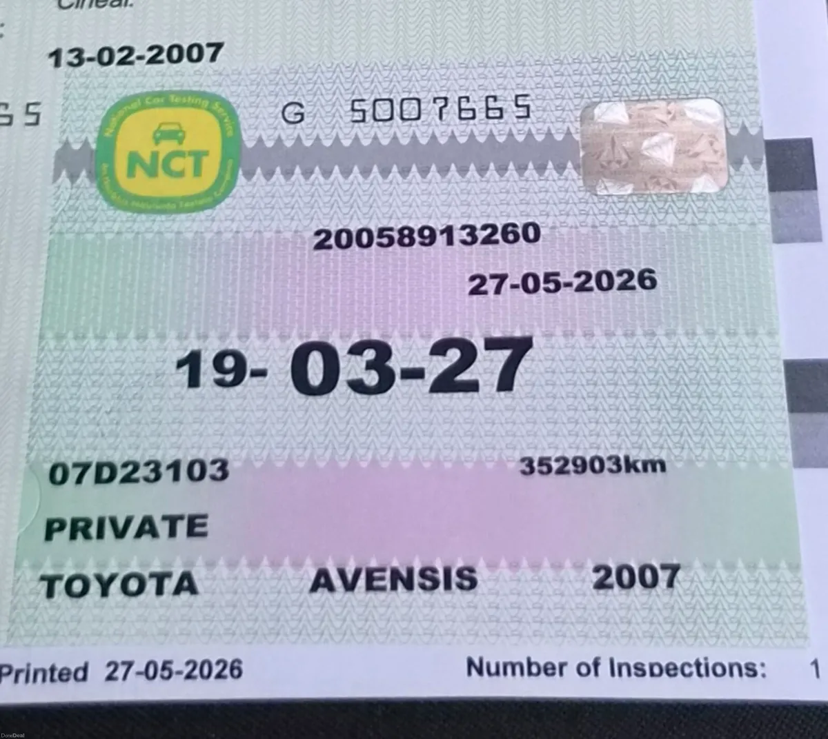 2007 AVENSIS NEW NCT TO 03/2027 - Image 2