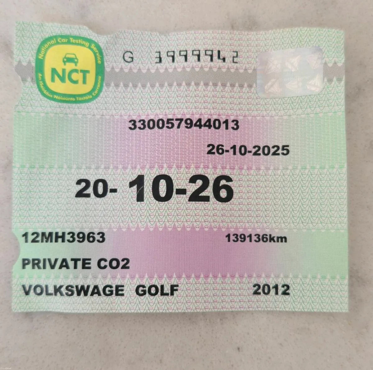 VW Golf 2012 NCT 10/26 - Image 2