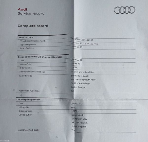 2014 Audi A4 2.0 TDI SE Estate Nct 03/27 Tax 07/27 400358892