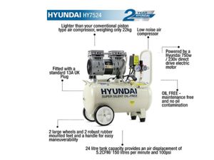 Hyundai 24 Litre Air Compressor Silenced Oil Free - Image 2