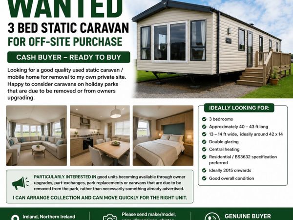 WANTED – 3 BED STATIC CARAVAN / MOBILE HOME RESI - Main image