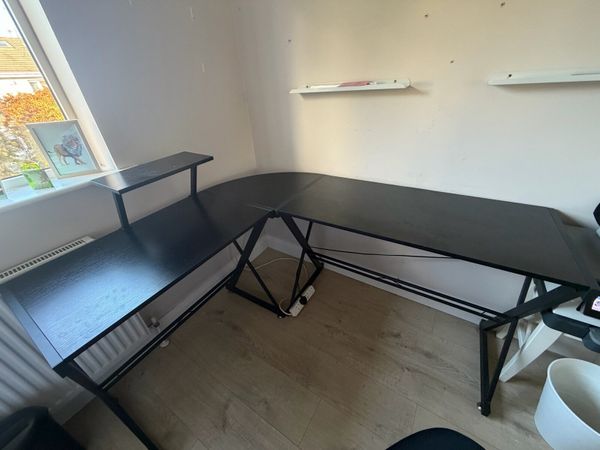 Black L-Shaped Corner Desk with Monitor Shelf - Main image