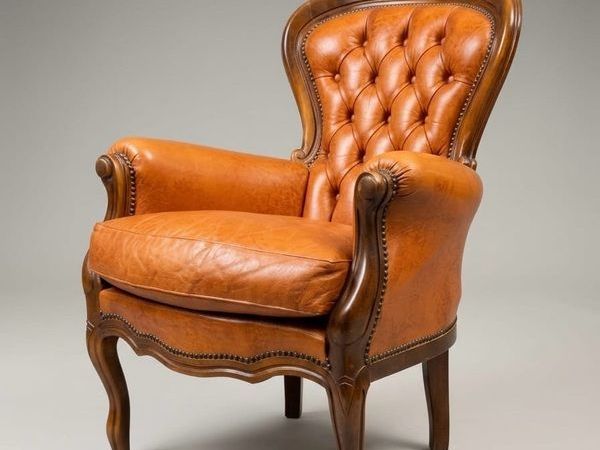 Vintage French Walnut & Brown Leather Armchair - Main image