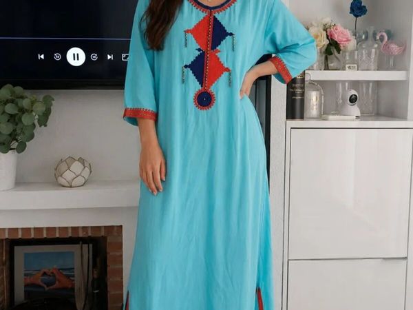 Turquoise Embroidered Kaftan Red & Navy Detail - Main image