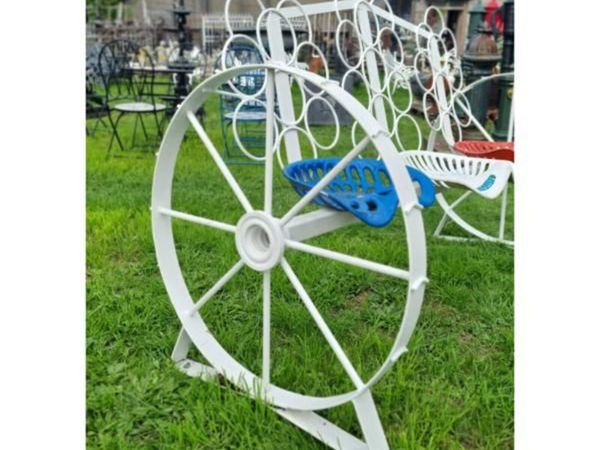 Cart Wheel Bench With Tractor Seats White KAS1354 - Main image