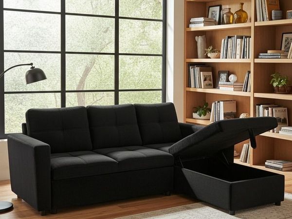 Amazing Black Velvet corner sofa bed with storage - Main image