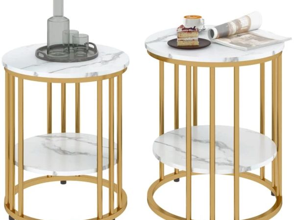 Set of Two Marble-Effect Coffee Tables - White/Gol - Main image