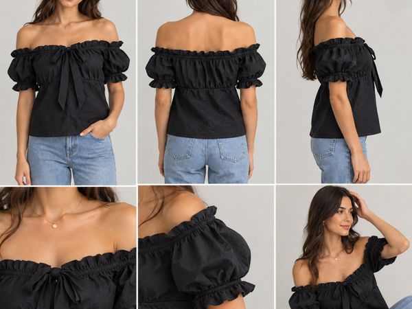 Black Off-Shoulder Ruffle Blouse with Puff Sleeves - Main image