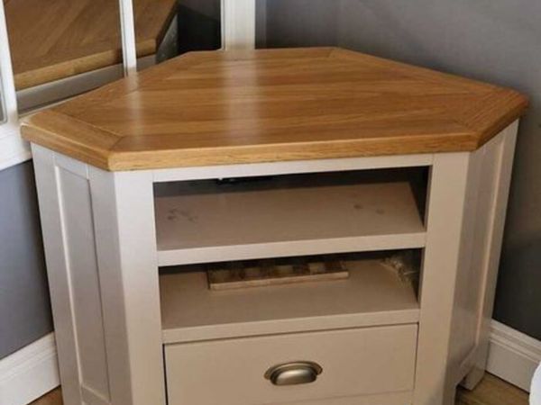 Grey Hexagonal- shaped TV unit with wooden top - Main image