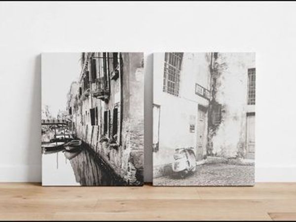 Pair of 2 Italian Canvas Prints - Venice Canal & Vespa Scooter - Black & White Wall Art - Main image