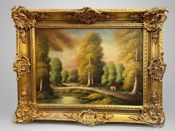 Scenic Forest & Lakeside Landscape Statement Framed Oil Painting - Main image