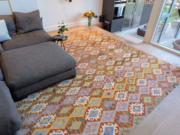 Large Authentic Hand-Woven Wool Kilim Rug 4m x 3m  (13ft x 10ft) Oversized Flat-Weave - Main image