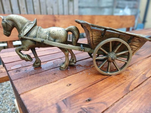 Antique Heavy Brass Horse & Cart - Main image
