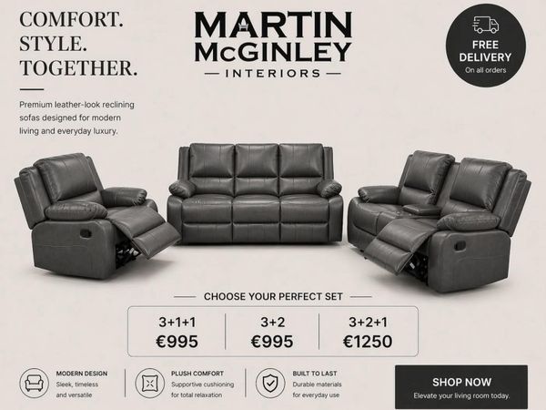 New 3+2 & 3+1+1 Grey & Black Leather Sofa Sets - Main image