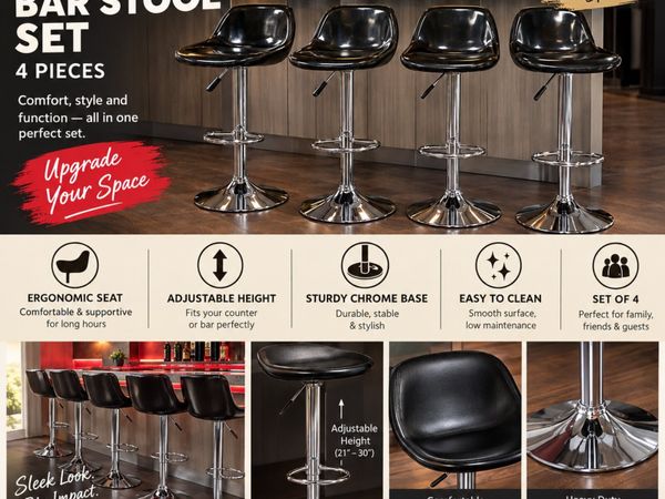 4 Black Chrome Swivel Bar Kitchen Stools - Main image