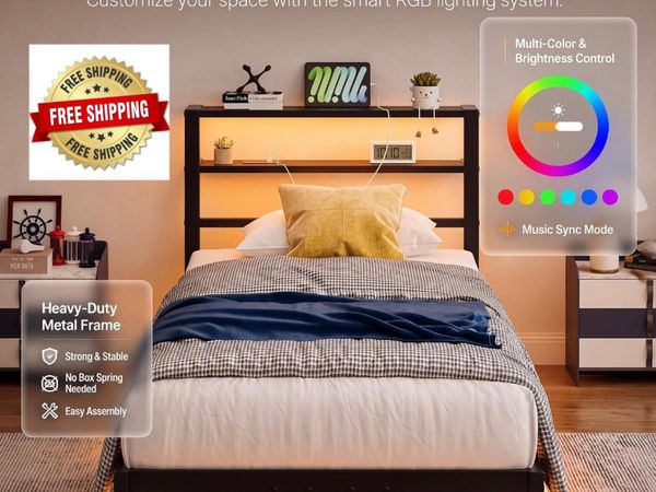 Single Floating Metal Bed Frame with LED Lights St - Main image