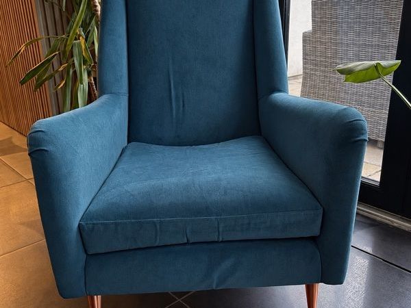 DFS Teal Blue Armchair with Matching Footstool Copper Legs - Main image