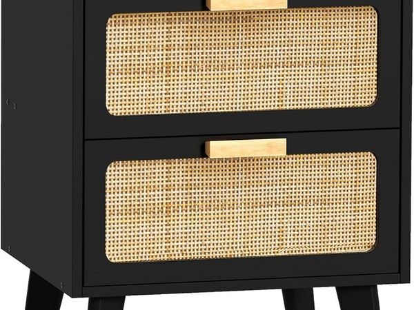 Rattan Bedside Table Wooden Side Boho - Main image