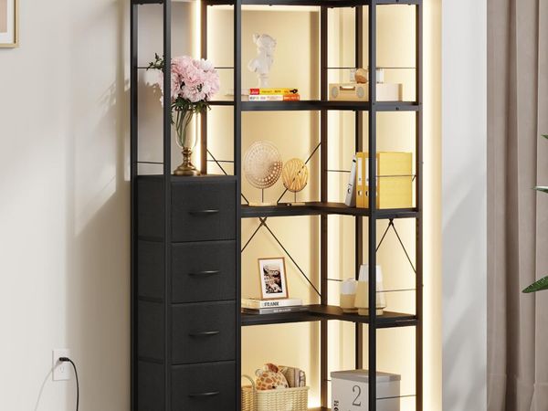 Corner Bookshelf Unit with 4 Fabric Drawers LED - Main image
