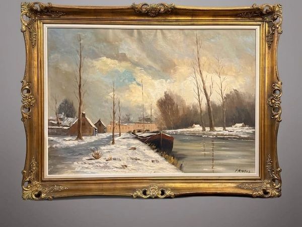 Magnificent Large-Scale Dutch Winter River Landscape Oil Painting - Main image