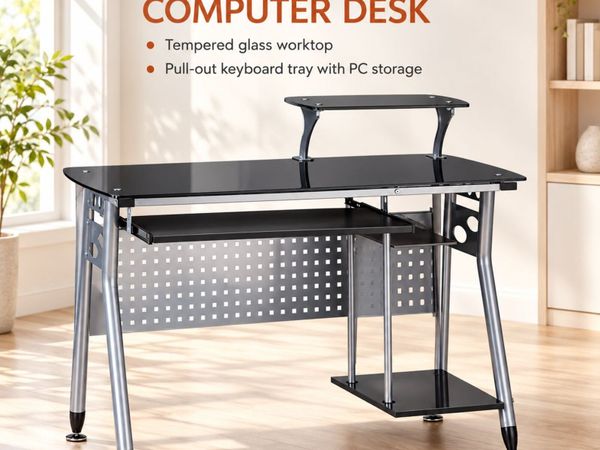 Modern Glass Computer Desk with Pull-Out Keyboard - Main image