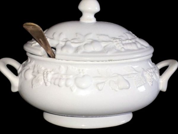 Pristine Vintage White Ceramic Soup Tureen/Ladles - Main image