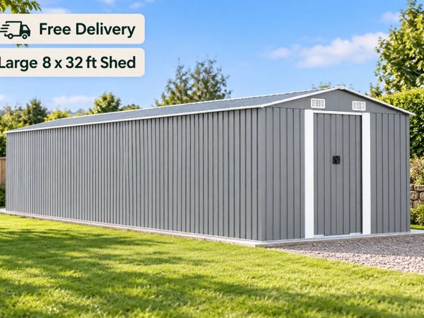 Large Grey Metal Garden Shed 8 x 32 ft Galvanised - Main image