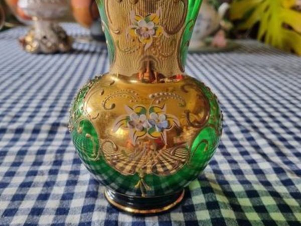Vintage Bohemian Glass Czech Green Gold Vase - Main image