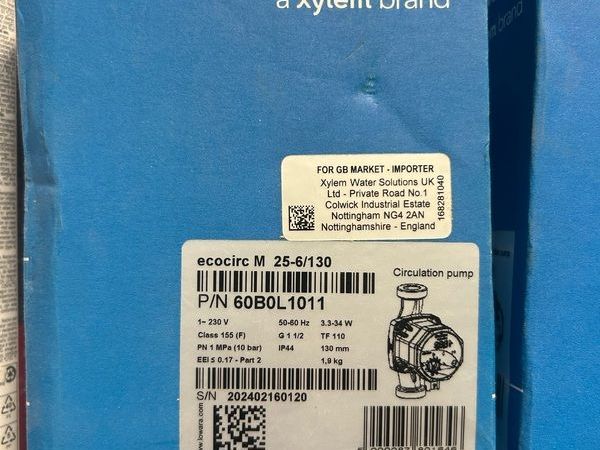 Two Xylem Lowara 10 bar Central Heating Pumps, 6 m Head 1-1/2 in G. Comes with 2x 1" gate valves - Main image